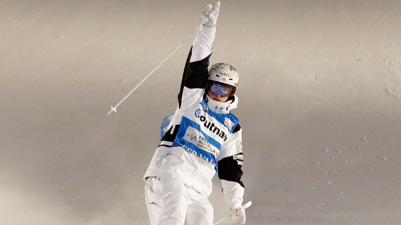 Mikael Kingsbury celebrates after his Deer Valley run on Friday. 