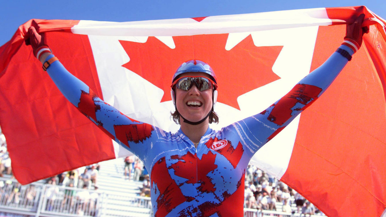 Tanya Dubnicoff celebrates her Pan Am Gold in the time trial at Winnipeg 1999. 