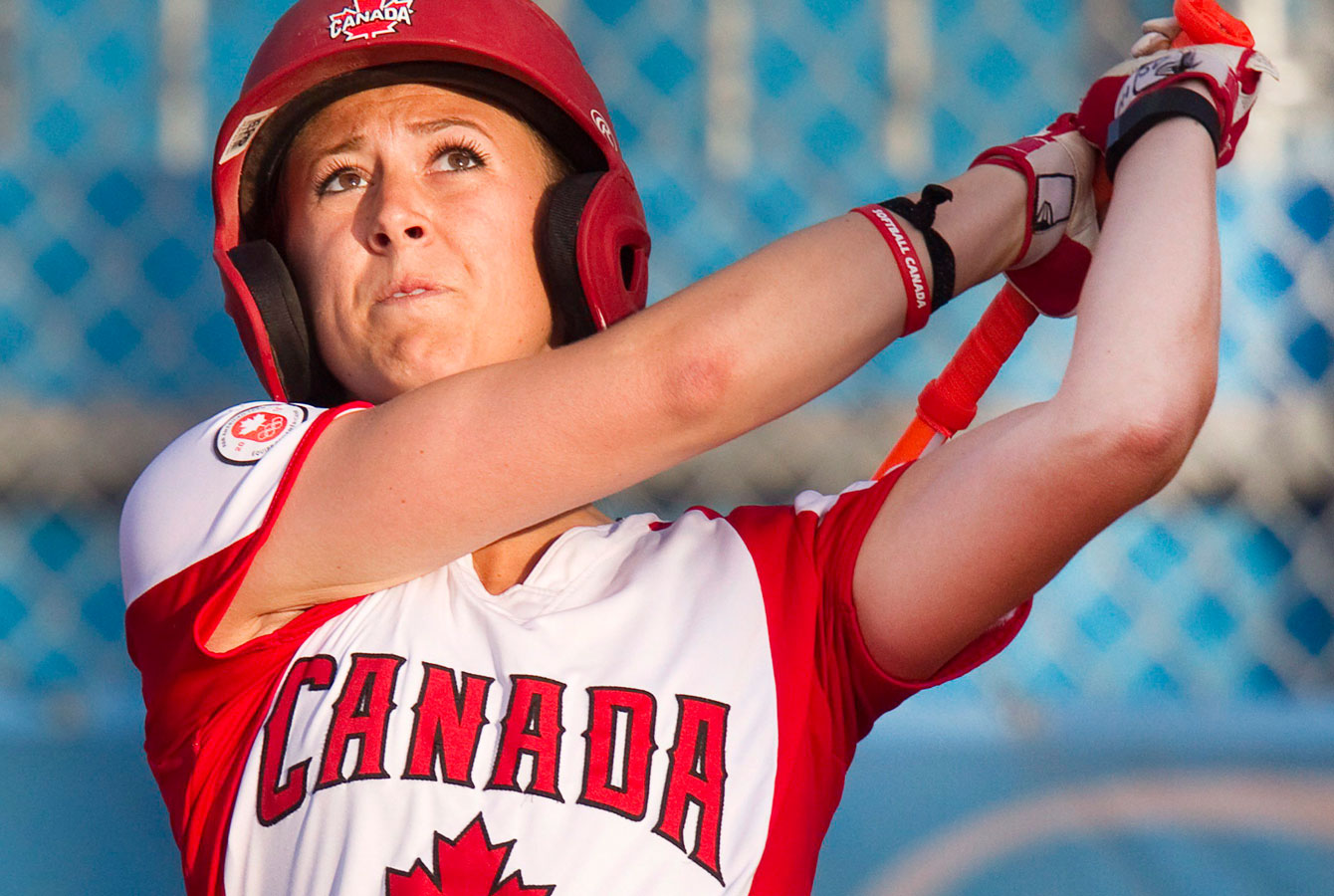 Canada's Erika Polidori hits a ball to left field to drive in a run at TO2015