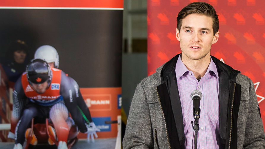 Brad Spence speaks at the Helmets for Heroes campaign launch on December 14, 2015 (Photo: Dave Holland/Luge Canada).