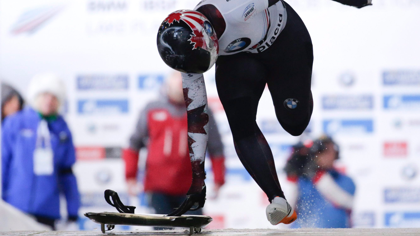 Jane Channell, of Canada, starts her first run in the women's skeleton World Cup race on Friday, Jan. 8, 2016, in Lake Placid, N.Y. (AP Photo/Mike Groll)