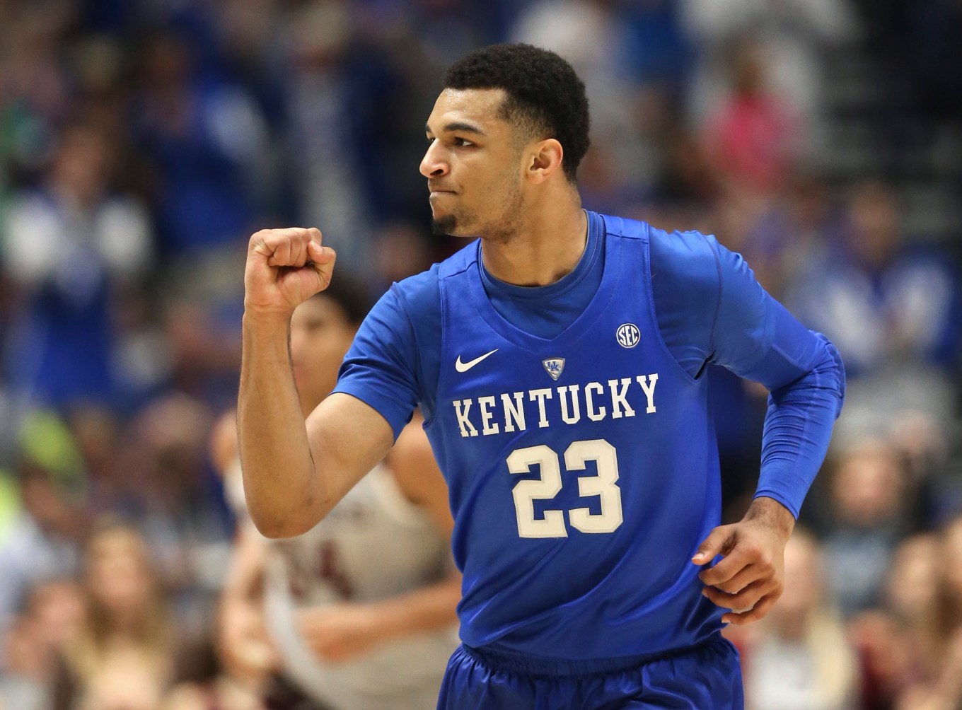 Kentucky's Jamal Murray (23) celebrates after a basket against Texas A&M during the first half of an NCAA college basketball game in the championship of the Southeastern Conference tournament in Nashville, Tenn., Sunday, March 13, 2016. (AP Photo/John Bazemore)