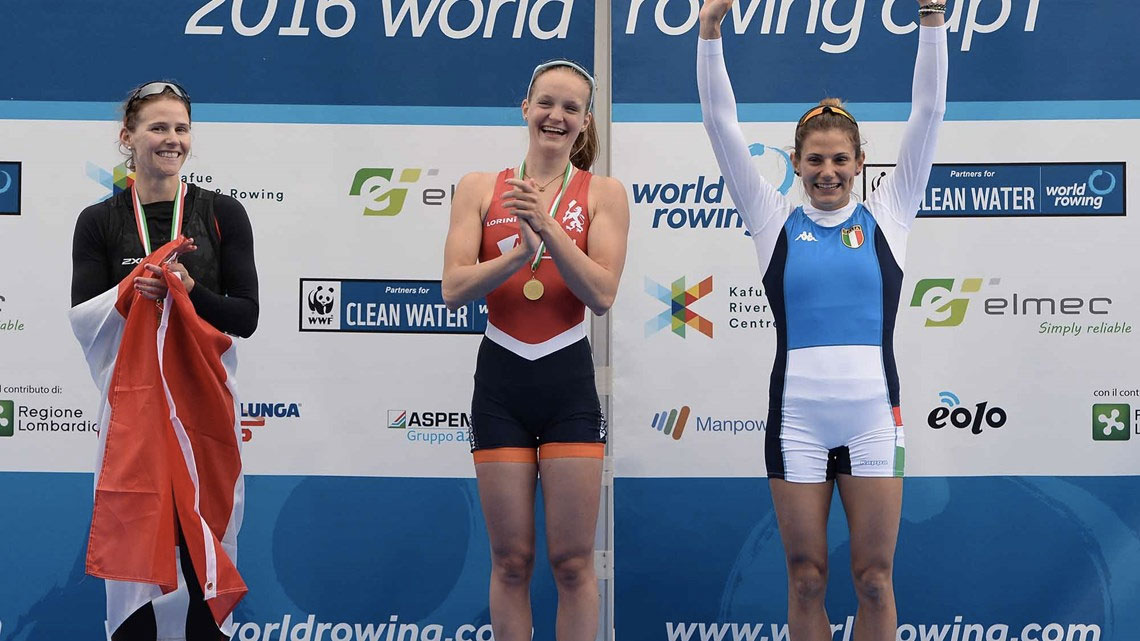 Katherine Sauks (left) on the World Rowing Cup I podium in Varese, Italy on April 16, 2016 (Photo: Detlev Seyb/MyRowingPhoto.com via FISA/World Rowing). 
