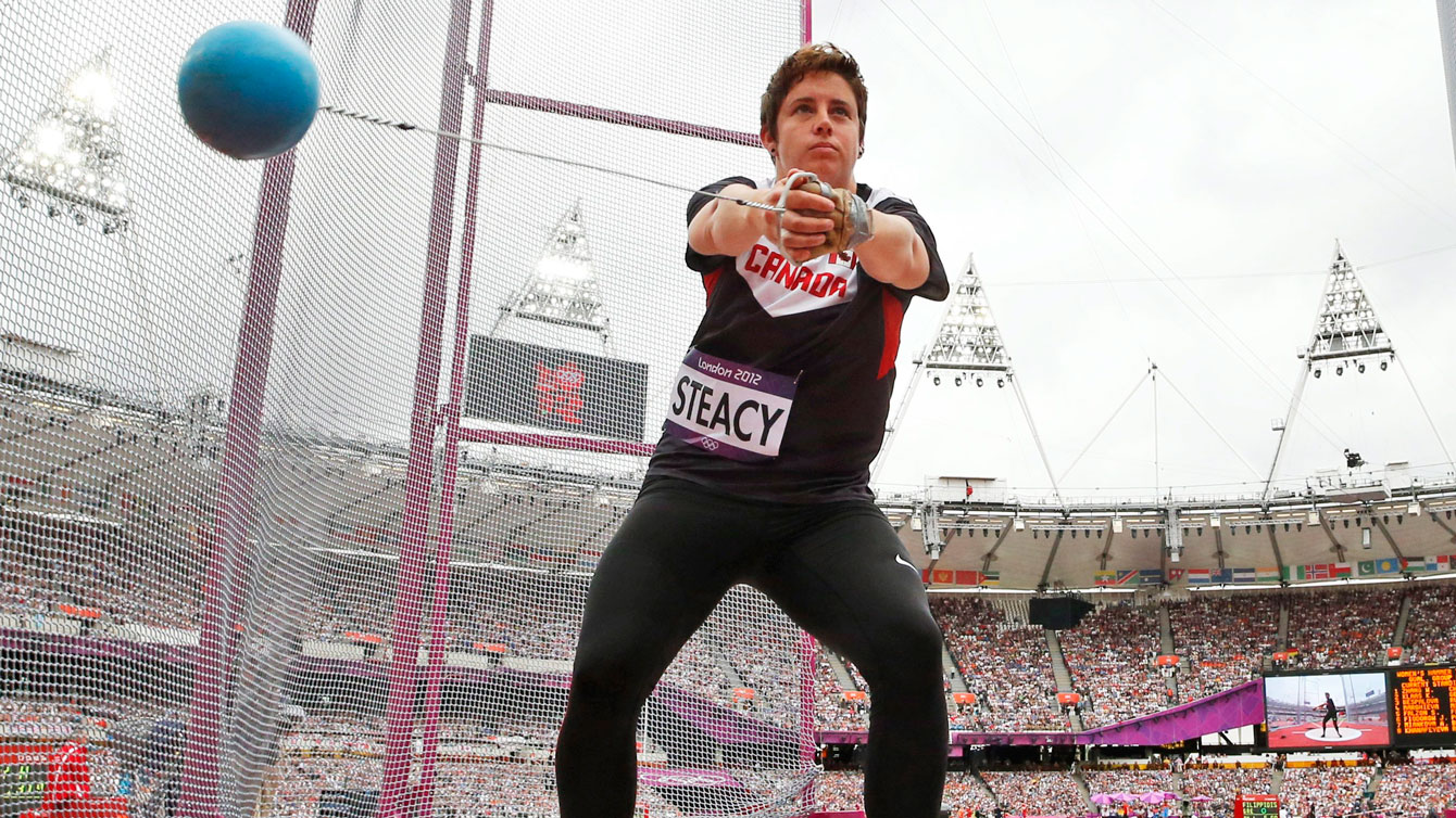Canada's Heather Steacy competes in a women's hammer throw qualification round during the athletics in the Olympic Stadium at the 2012 Summer Olympics, London, Wednesday, Aug. 8, 2012. (AP Photo/Matt Dunham)